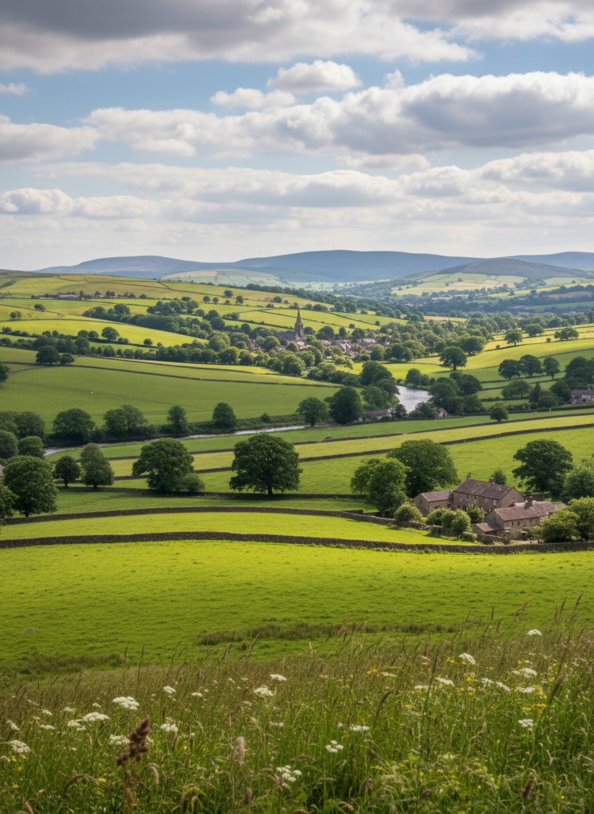 A scenic landscape of the Ribble Valley in Lancashire, England, featuring lush green fields, rolling hills, and a picturesque countryside view.