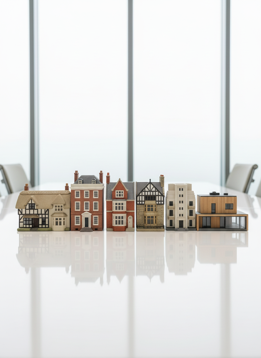 A neat row of miniature, high-detail model homes made from matte-finish ceramic, each representing a different classic British architectural style and painted in understated neutral tones. The models are arranged in an orderly fashion on a glossy white conference table in a bright, contemporary office environment. Soft, diffused daylight floods through large, frosted windows, casting delicate, even shadows and illuminating the subtle textures of each model. The composition is clean and eye-level, enhancing the sense of professionalism and trust. The overall feeling is calm, organized, and solution-oriented, rendered in a sharp, hyper-realistic style tailored for a property transaction-focused business website.