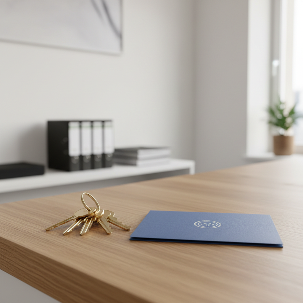 A set of polished keys resting on a smooth, hand-crafted oak countertop, the metallic shine catching the gentle glow of ambient indoor lighting. The keys are neatly arranged beside a small blue folder stamped with a neutral, discreet property logo, hinting at a confidential transaction. The background features soft, blurred hints of a professional office—clean lines, minimalist decor, and muted tones. Carefully composed at a shallow angle with a shallow depth of field, the focus is crisp on the keys and folder, symbolizing smooth, stress-free property exchanges. The mood is discrete, dependable, and subtly luxurious, with a modern, minimalist aesthetic ideal for a professional property buying service.